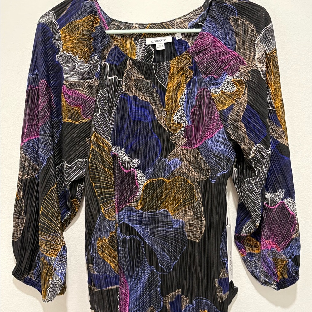 Chico's Pink and Purple Pleated 3/4 Sleeve Blouse